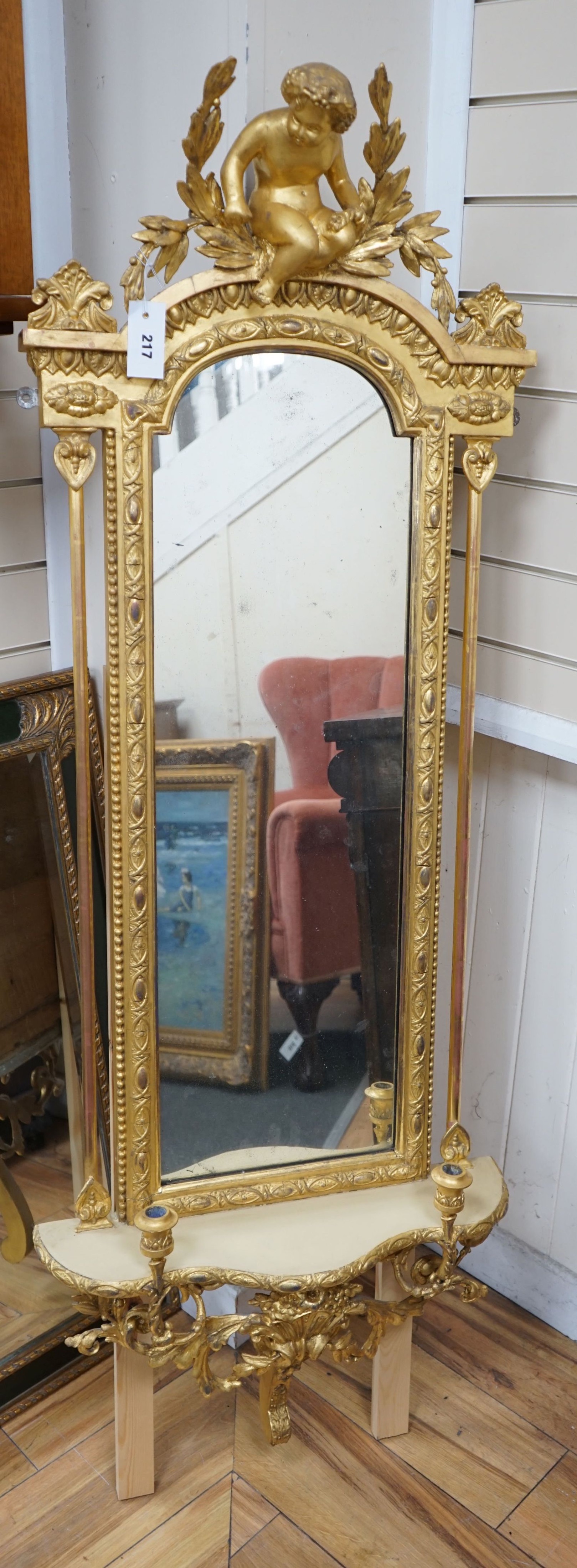 A 19th century giltwood and gesso girandole pier glass, width 54cm height approx. 155cm